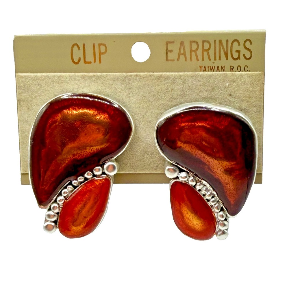 Vintage Clip Earrings Burnt Orange Stones Taiwan‎ R.O.C